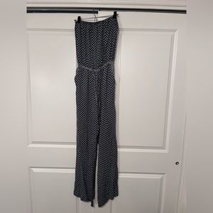 Wide leg jumpsuit tall length tie waist navy white print